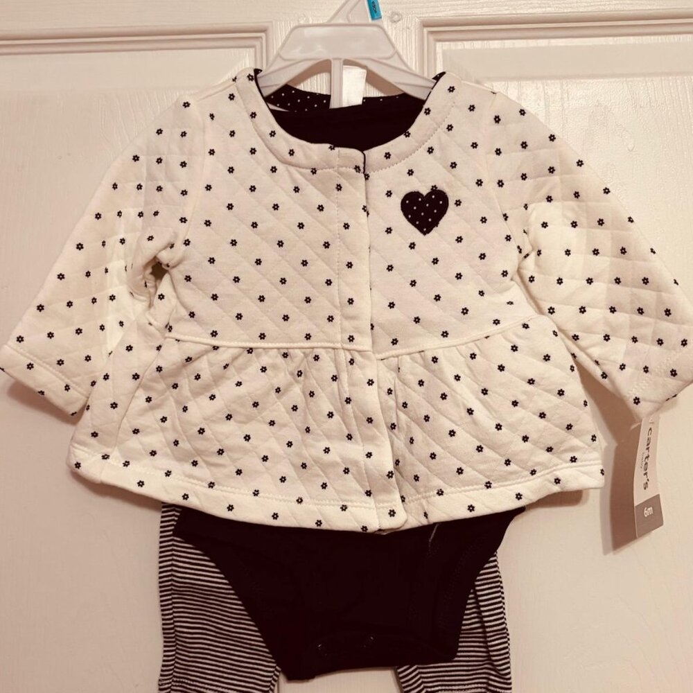 Carter’s Baby Girl 3-Piece Outfit Set Quilted Jacket Bodysuit Leggings 6M